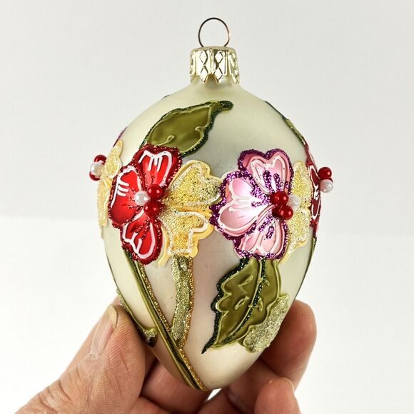VTG Glass Christmas Ornament Floral Cloisonne Victorian style oval beads pearls - Picture 6 of 6